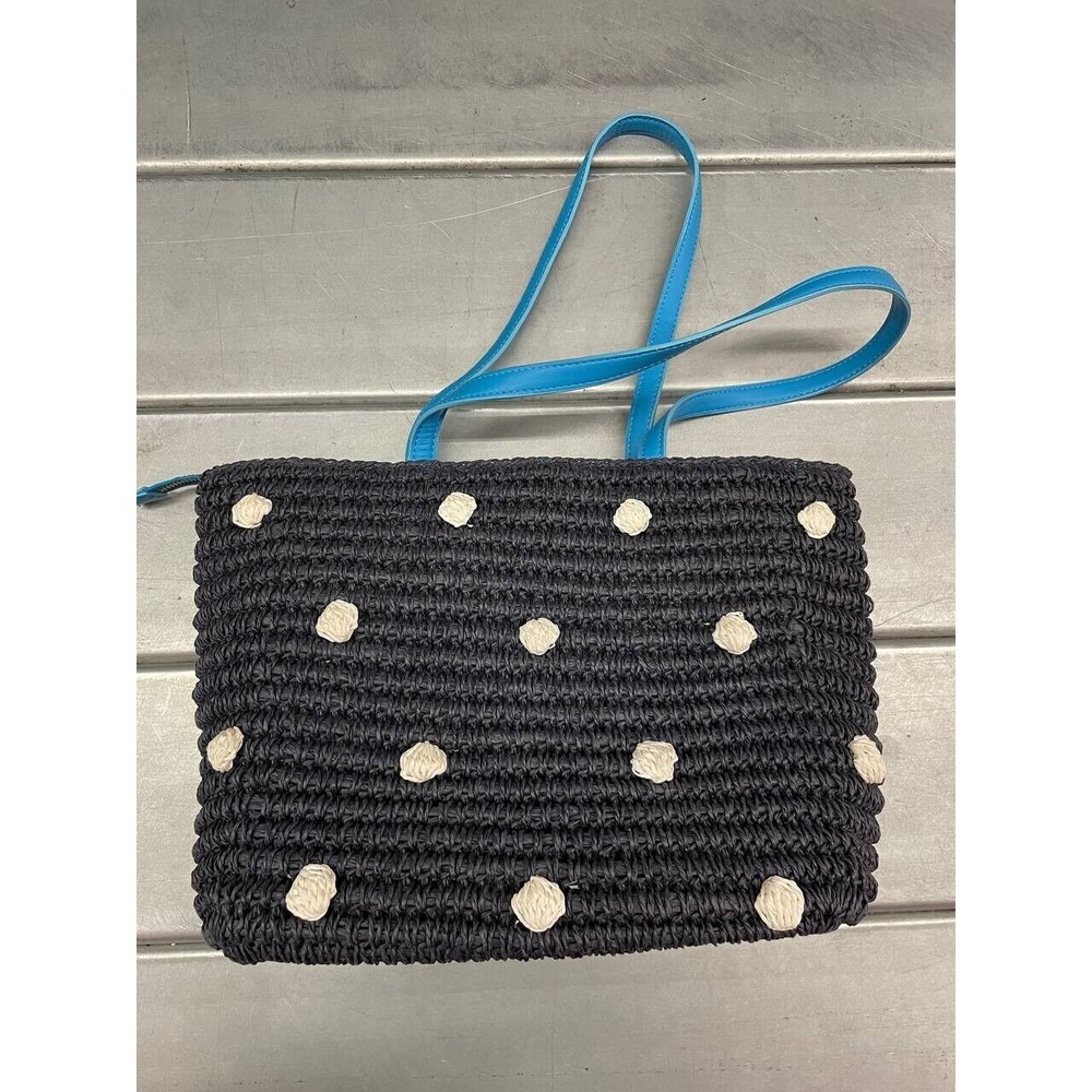 Talbots Paper Straw Tote Hand Bag Navy Blue White Summer Beachy‎ Zip Closure